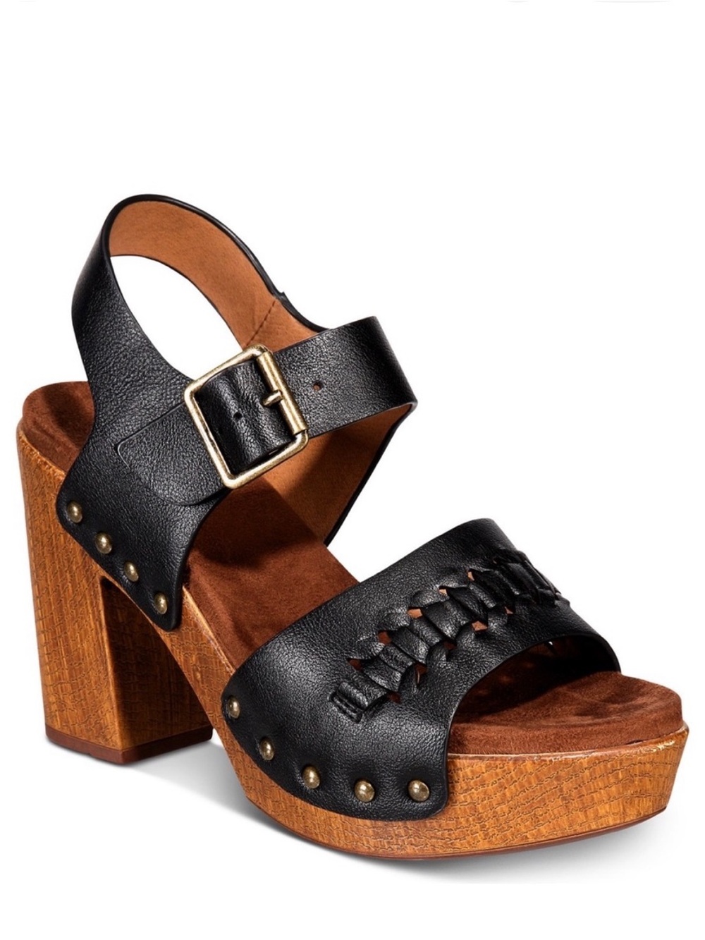 Black Leather Platform Sandal with Wood-Effect Heel